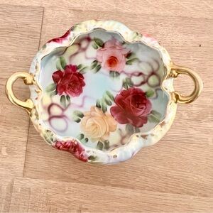 VINTAGE HAND PAINTED PINK YELLOW ROSES FOOTED BOWL‎ DISH With RED GOLD HANDLES